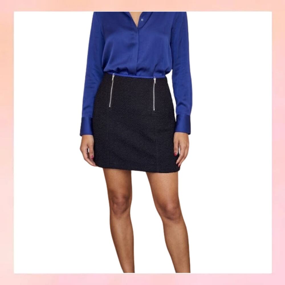 Loft Black Textured Tweed Mini Skirt with Exposed Silver Zippers - Size 8